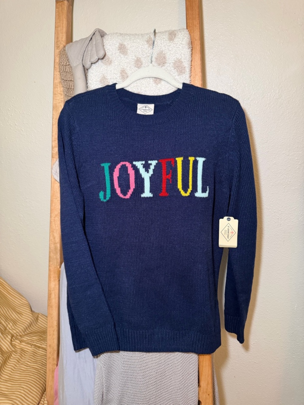 St. John's Bay Navy Crewneck Sweater with Multicolor Lettering Joyful
